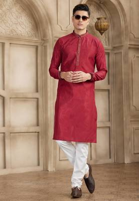 maroon art silk kurta pajama set for men 3