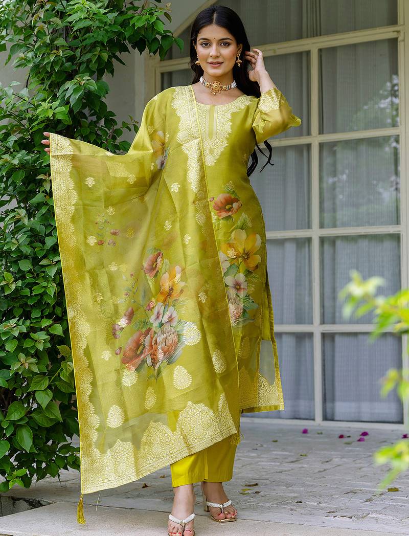 Lemon shimmer organza jacquard woven with print kurta pant set