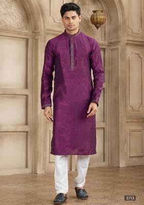 magenta art silk kurta pajama set for men 1