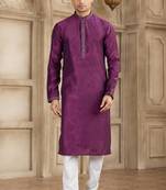 Magenta art silk kurta set for men