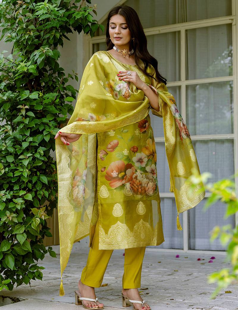 Lemon shimmer organza jacquard woven with print kurta pant set