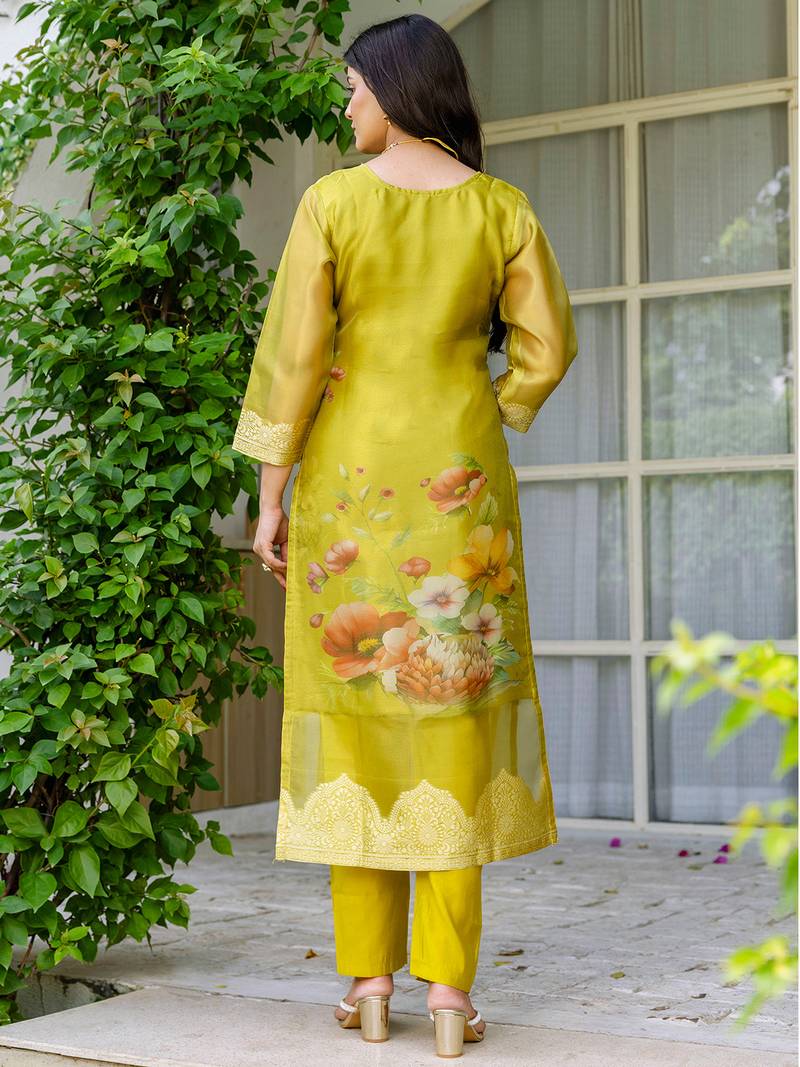 Lemon shimmer organza jacquard woven with print kurta pant set