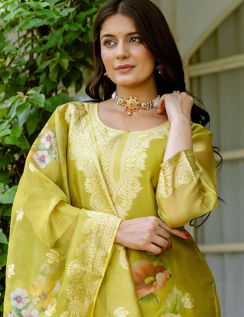 Lemon shimmer organza jacquard woven with print kurta pant set