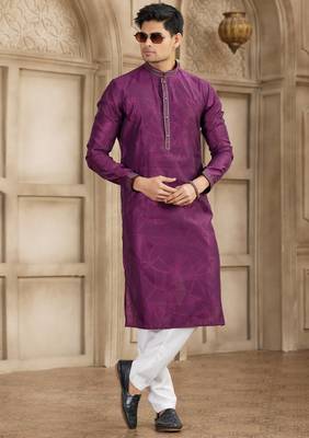 magenta art silk kurta pajama set for men 3