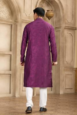 magenta art silk kurta pajama set for men 4