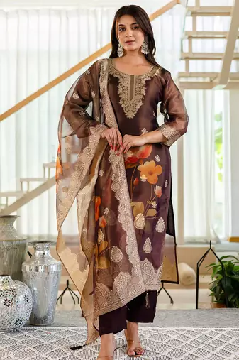 Coffee shimmer organza jacquard woven with print kurta pant set
