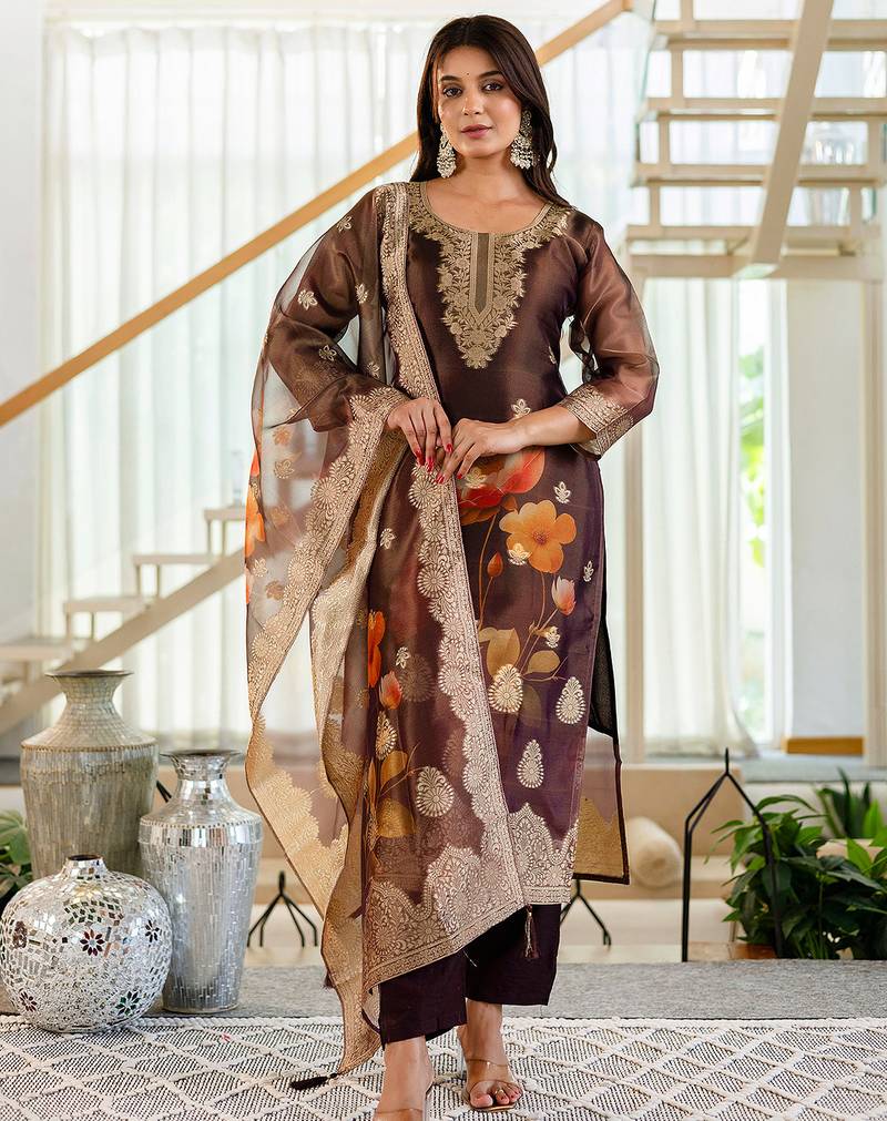 Coffee shimmer organza jacquard woven with print kurta pant set