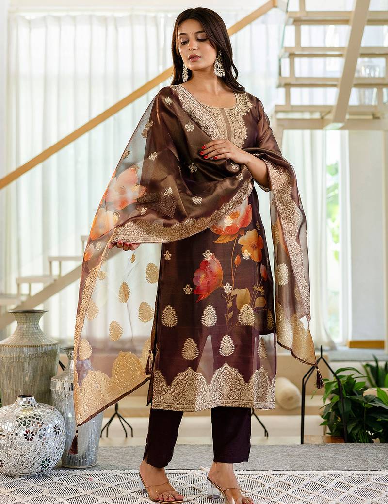 Coffee shimmer organza jacquard woven with print kurta pant set