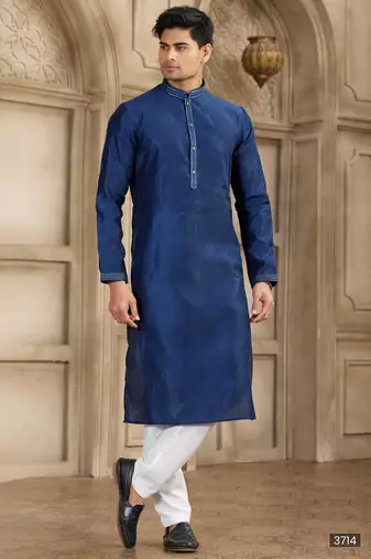 Blue art silk kurta set for men
