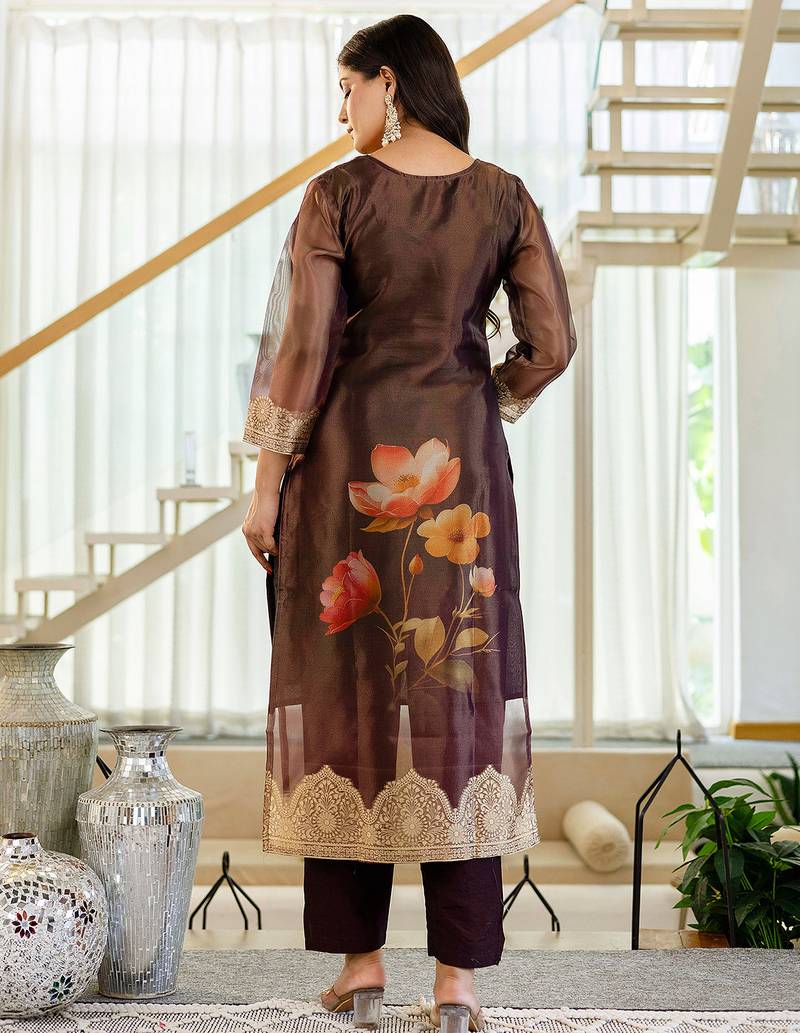 Coffee shimmer organza jacquard woven with print kurta pant set