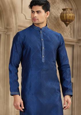 blue art silk kurta pajama set for men 2