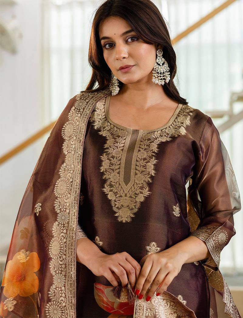 Coffee shimmer organza jacquard woven with print kurta pant set