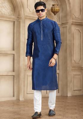 blue art silk kurta pajama set for men 3
