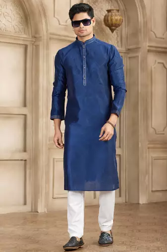 blue art silk kurta pajama set for men