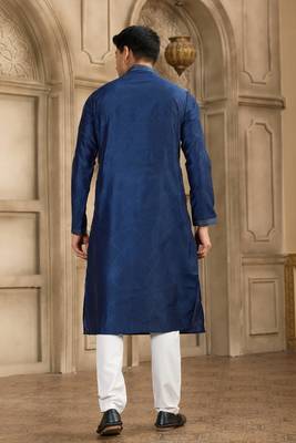blue art silk kurta pajama set for men 4