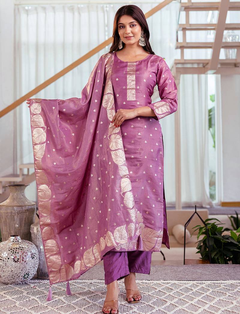 Onion pink shimmer viscose jacquard woven kurta pant set