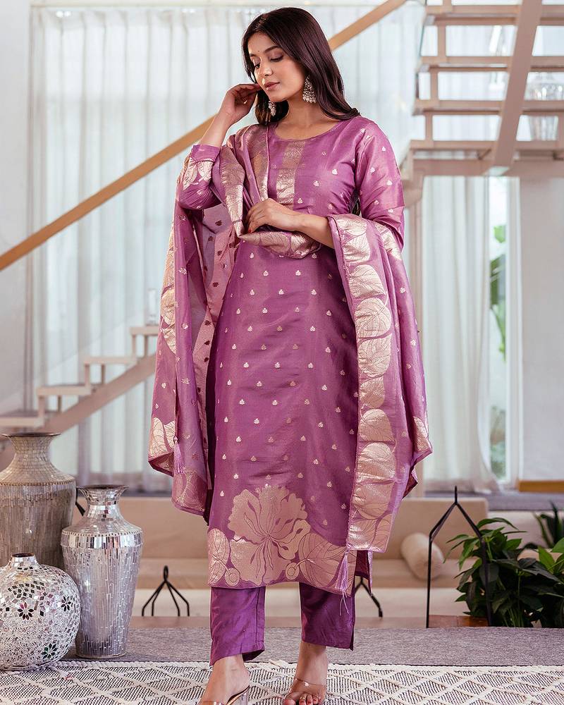 Onion pink shimmer viscose jacquard woven kurta pant set