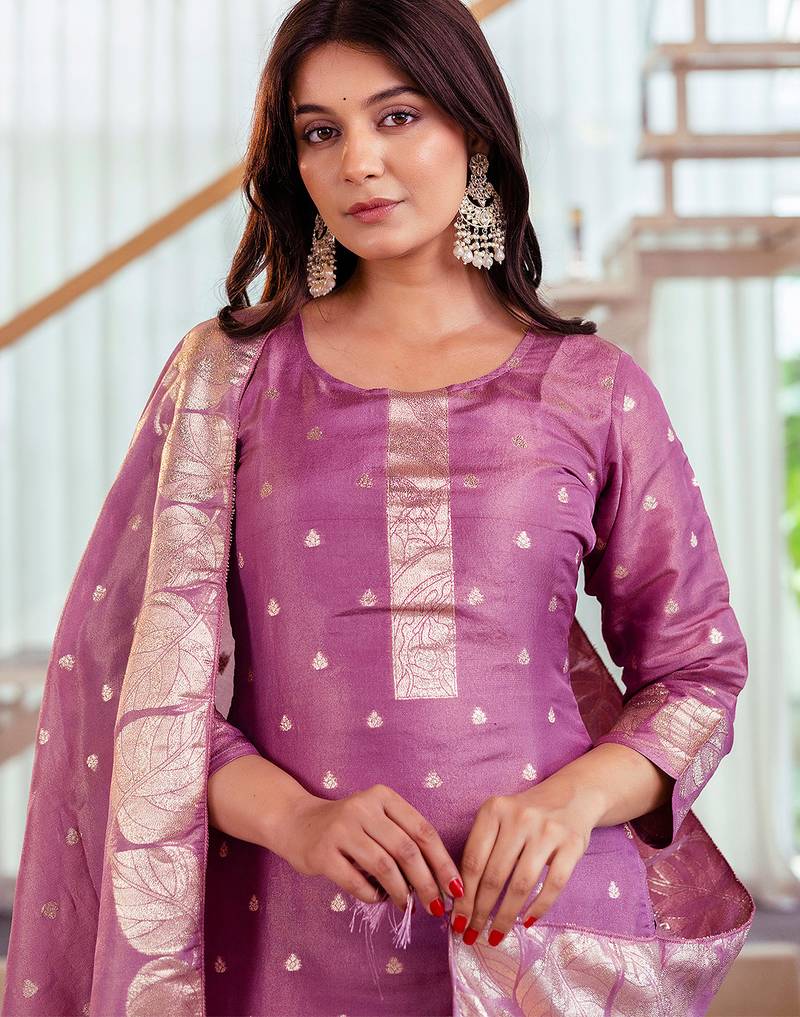 Onion pink shimmer viscose jacquard woven kurta pant set