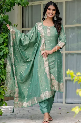 Sea green shimmer viscose jacquard woven kurta pant set