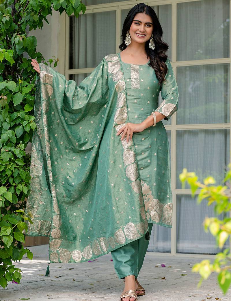 Sea green shimmer viscose jacquard woven kurta pant set
