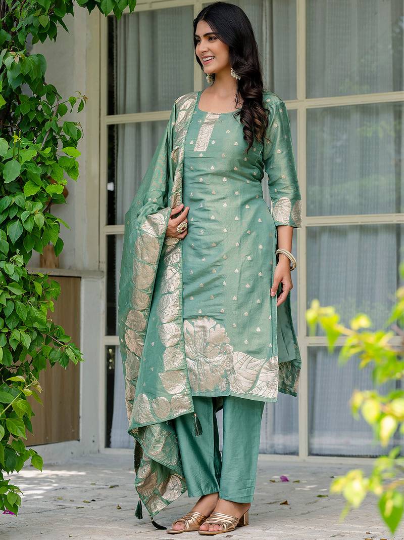 Sea green shimmer viscose jacquard woven kurta pant set