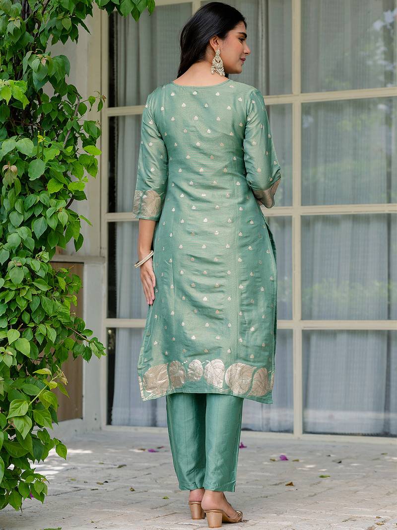 Sea green shimmer viscose jacquard woven kurta pant set
