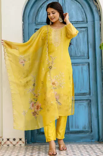 Yellow shimmer organza print with thread embroidery work kurta pant set