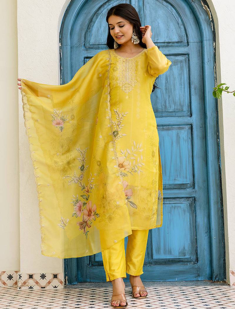 Yellow shimmer organza print with thread embroidery work kurta pant set