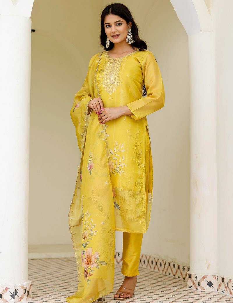 Yellow shimmer organza print with thread embroidery work kurta pant set