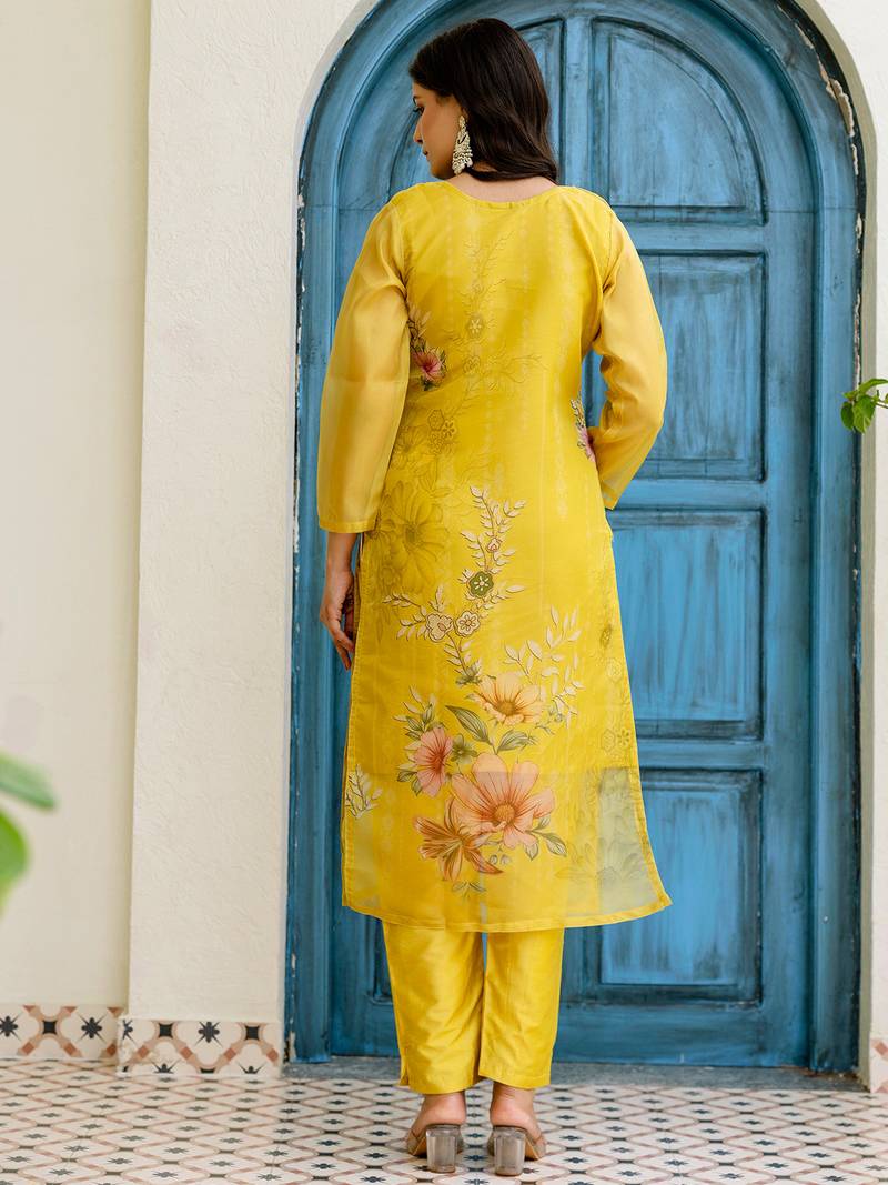Yellow shimmer organza print with thread embroidery work kurta pant set