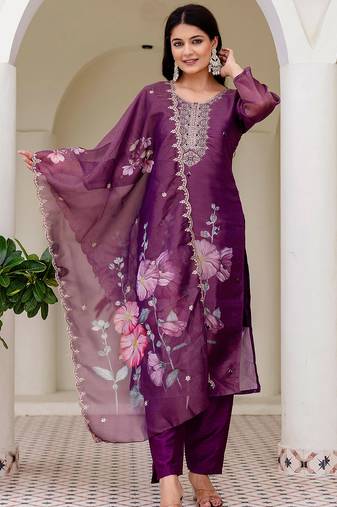 Purple shimmer organza print with thread embroidery work kurta pant set