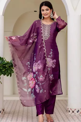 Purple shimmer organza print with thread embroidery work kurta pant set