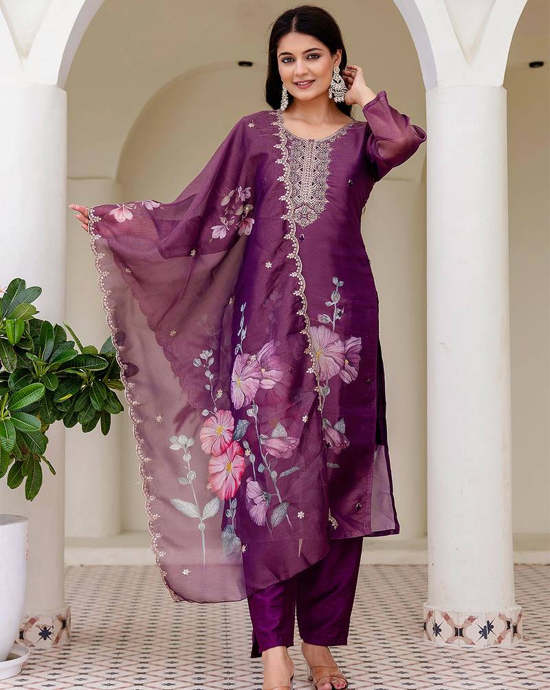 Purple shimmer organza print with thread embroidery work kurta pant set