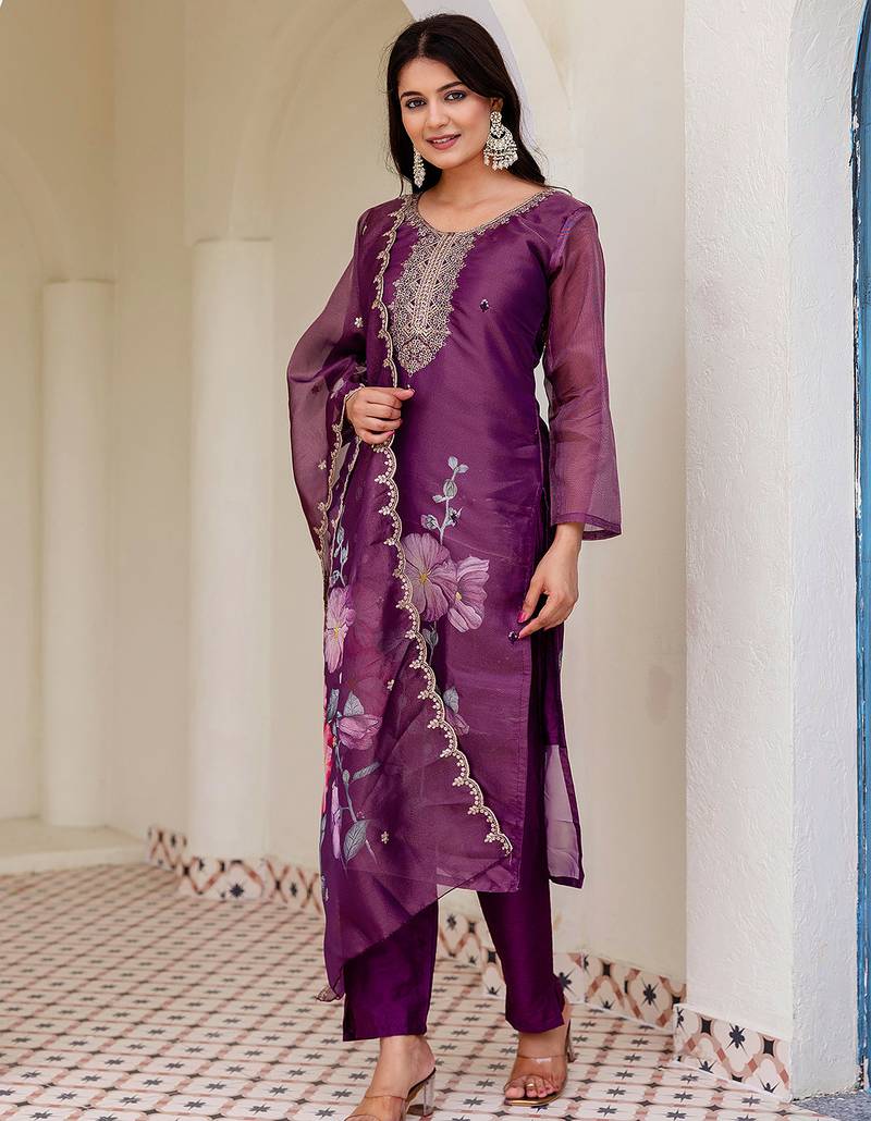 Purple shimmer organza print with thread embroidery work kurta pant set