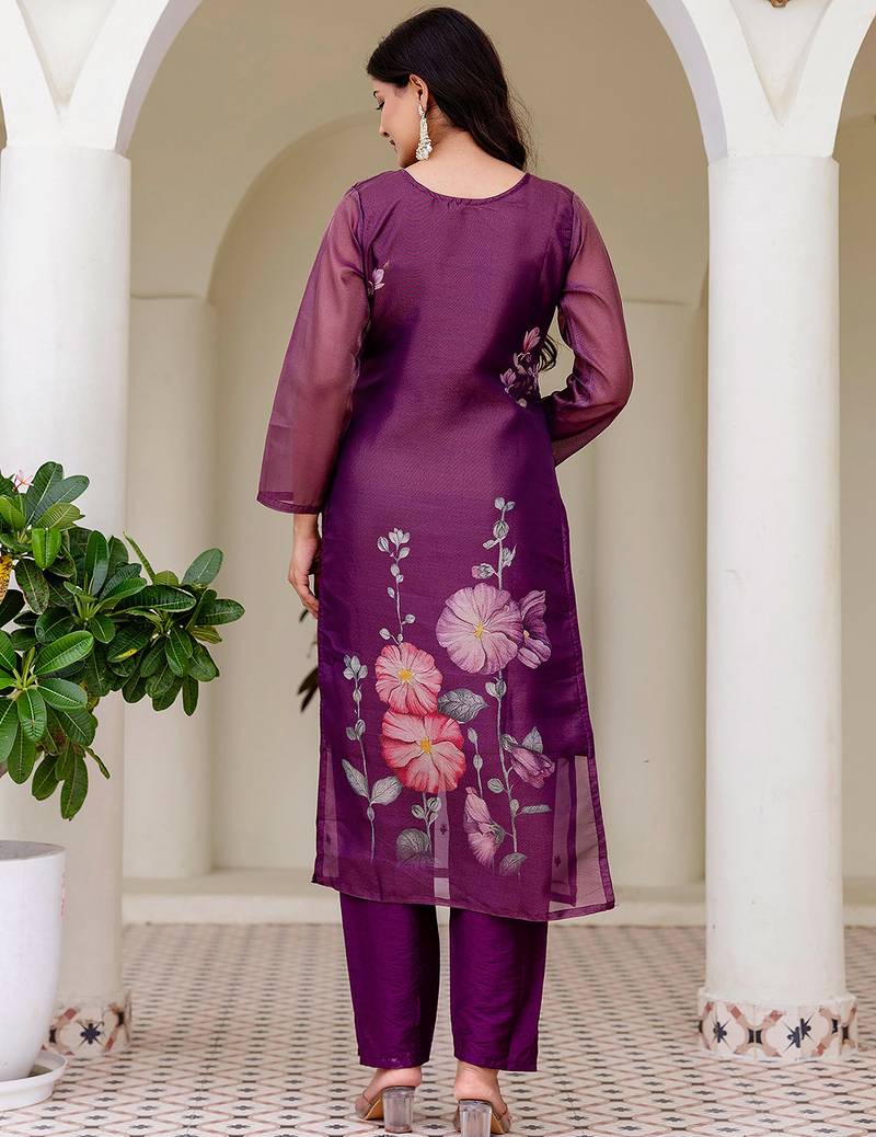 Purple shimmer organza print with thread embroidery work kurta pant set