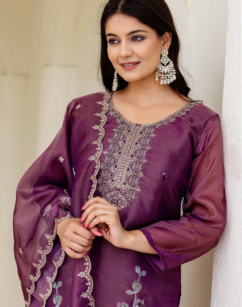 Purple shimmer organza print with thread embroidery work kurta pant set