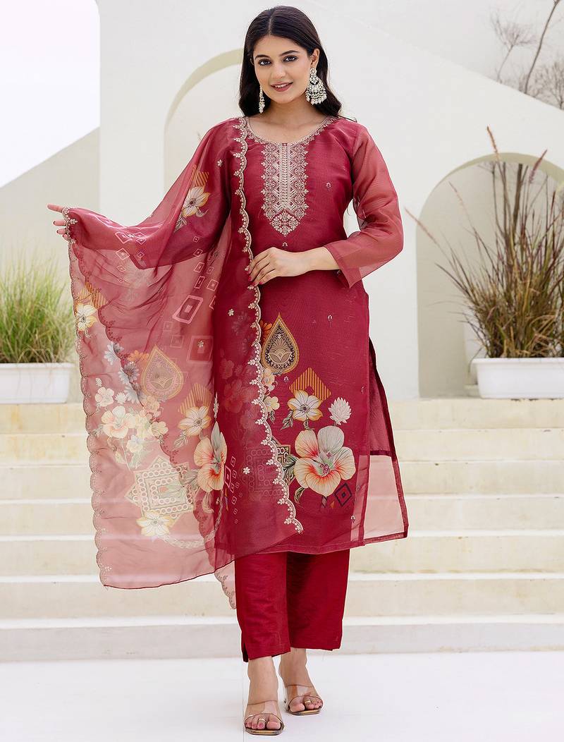 Maroon shimmer organza print with thread embroidery work kurta pant set