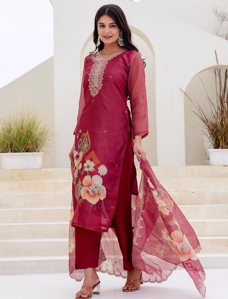 Maroon shimmer organza print with thread embroidery work kurta pant set