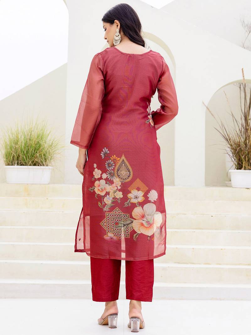 Maroon shimmer organza print with thread embroidery work kurta pant set