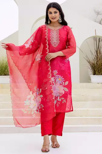 Red shimmer organza print with thread embroidery work kurta pant set