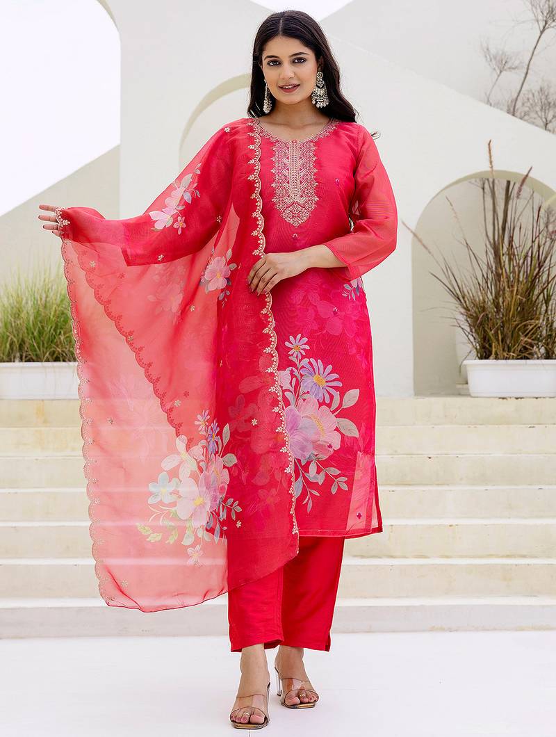 Red shimmer organza print with thread embroidery work kurta pant set