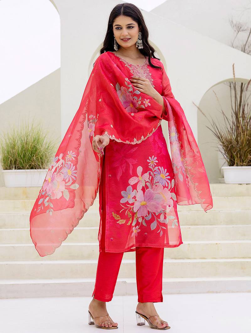 Red shimmer organza print with thread embroidery work kurta pant set