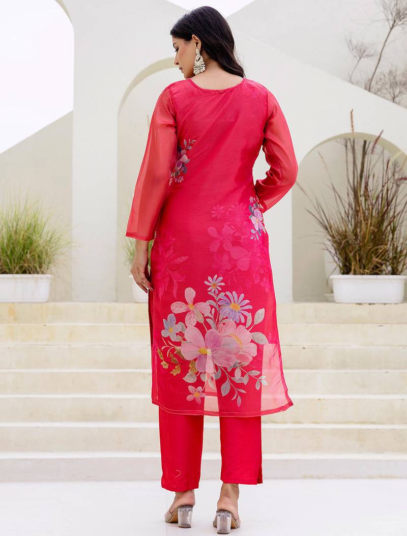Red shimmer organza print with thread embroidery work kurta pant set