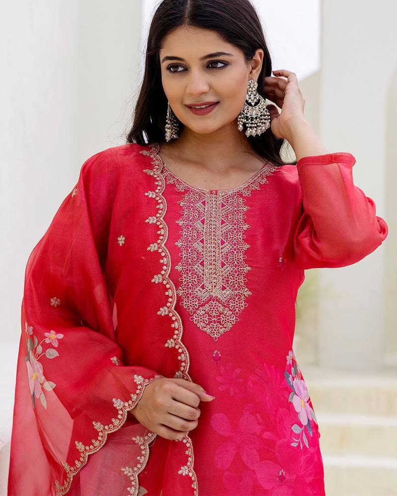 Red shimmer organza print with thread embroidery work kurta pant set