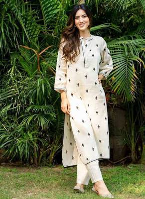 White emboridered cotton straight kurta set 1