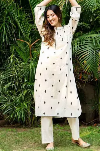 White emboridered cotton straight kurta set