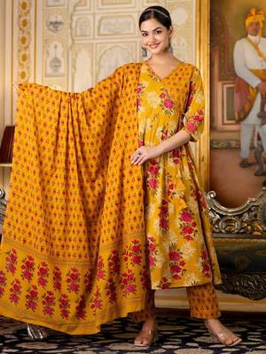 Floral printed yellow v neck cotton kurta set with trouser & dupatta 1