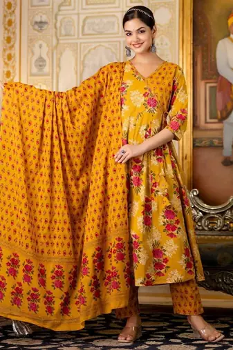 Floral printed yellow v neck cotton kurta set with trouser & dupatta
