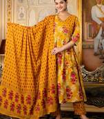 Floral printed yellow v neck cotton kurta set with trouser & dupatta