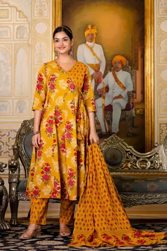 Floral printed yellow v neck cotton kurta set with trouser & dupatta